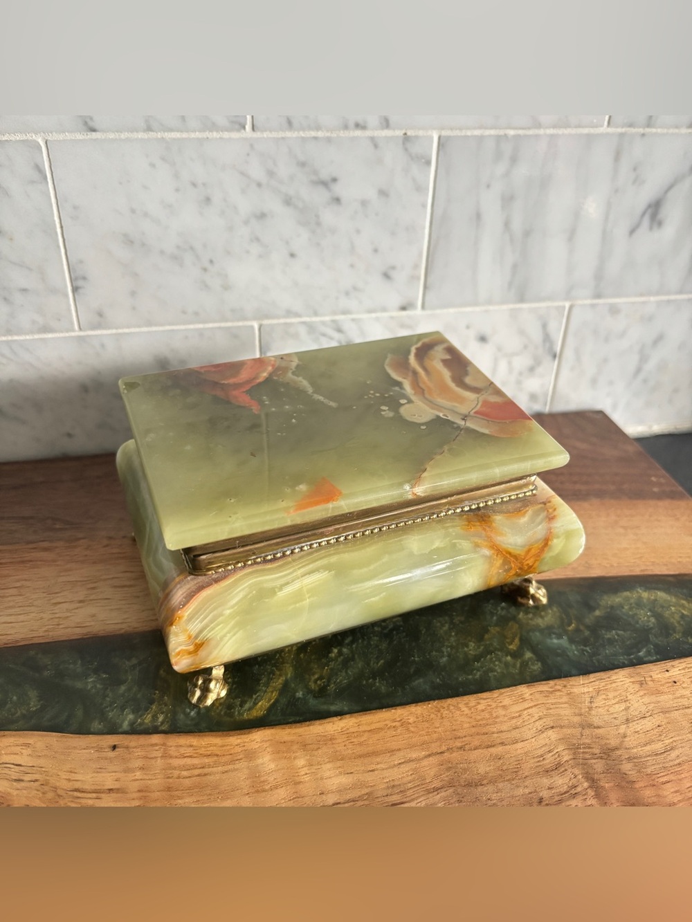 Vintage Green and Brown Marble Onyx Stone and Brass Footed Jewelry Trinket Box - Picture 11 of 12